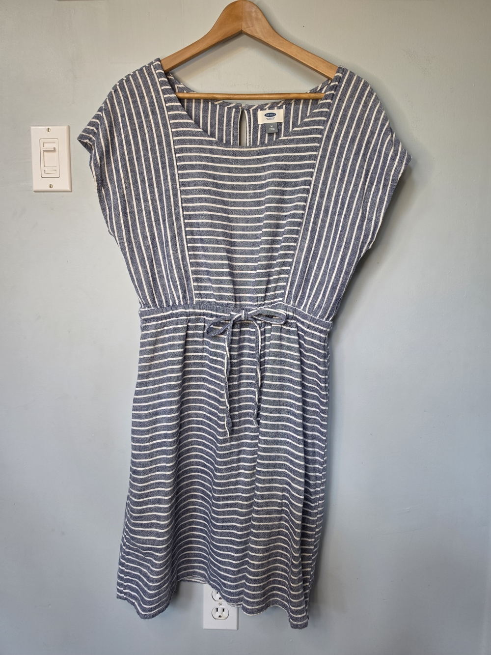 Old Navy Blue White Stripe Linen Blend Dress Medium Drawstring Waist Summer